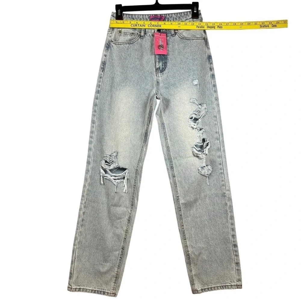 NWT Edikted High Waisted Boyfriend Jeans, Distressed Light Wash, Size XS - Picture 6 of 11